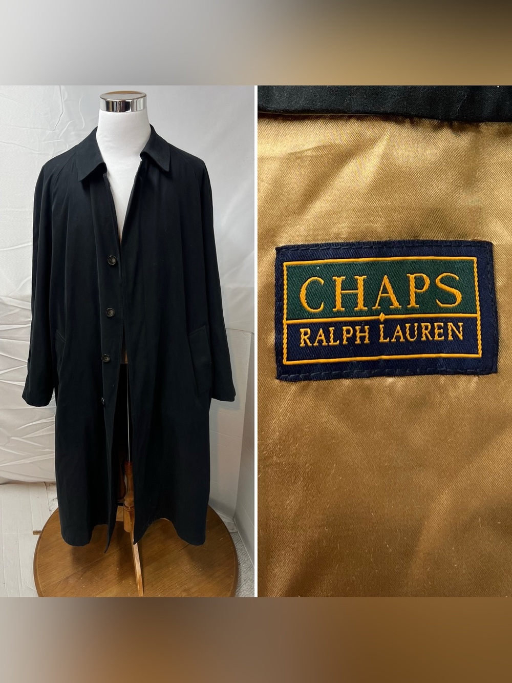 Ralph Lauren Chaps Vintage Men’s 46L Long Black Overcoat Trench Rain Coat Lining